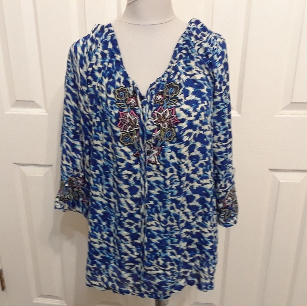 Faith Celia Forrester Blue Embroidered Peasant Top